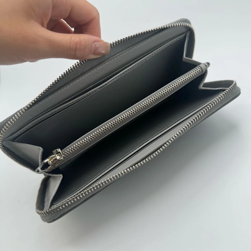 NEW Christian Dior CD Logo Diamond Grey Coated Canvas Long Zipped Wallet